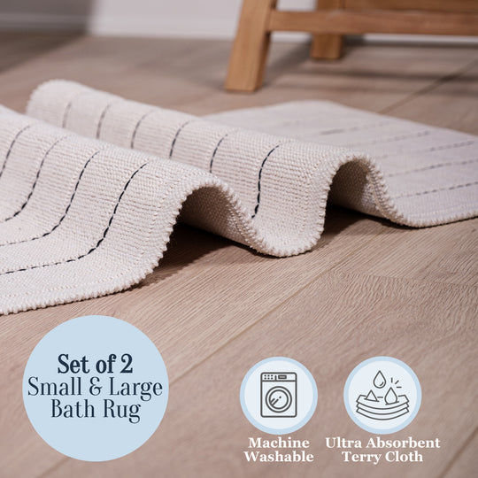 Basic Ultra Soft Turkish Cotton Bath Mat & Rug Set | 20"x32"+17"x23" | Ecru | Quick Dry, Machine Washable | Luxury Bathroom Decor