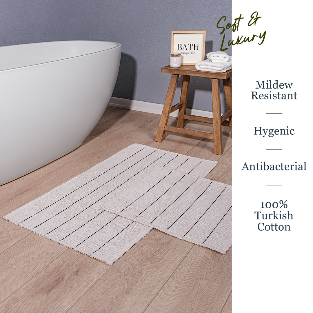 Basic Ultra Soft Turkish Cotton Bath Mat & Rug Set | 20"x32"+17"x23" | Ecru | Quick Dry, Machine Washable | Luxury Bathroom Decor