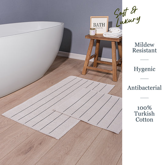 Basic Ultra Soft Turkish Cotton Bath Mat & Rug Set | 20"x32"+17"x23" | Ecru | Quick Dry, Machine Washable | Luxury Bathroom Decor