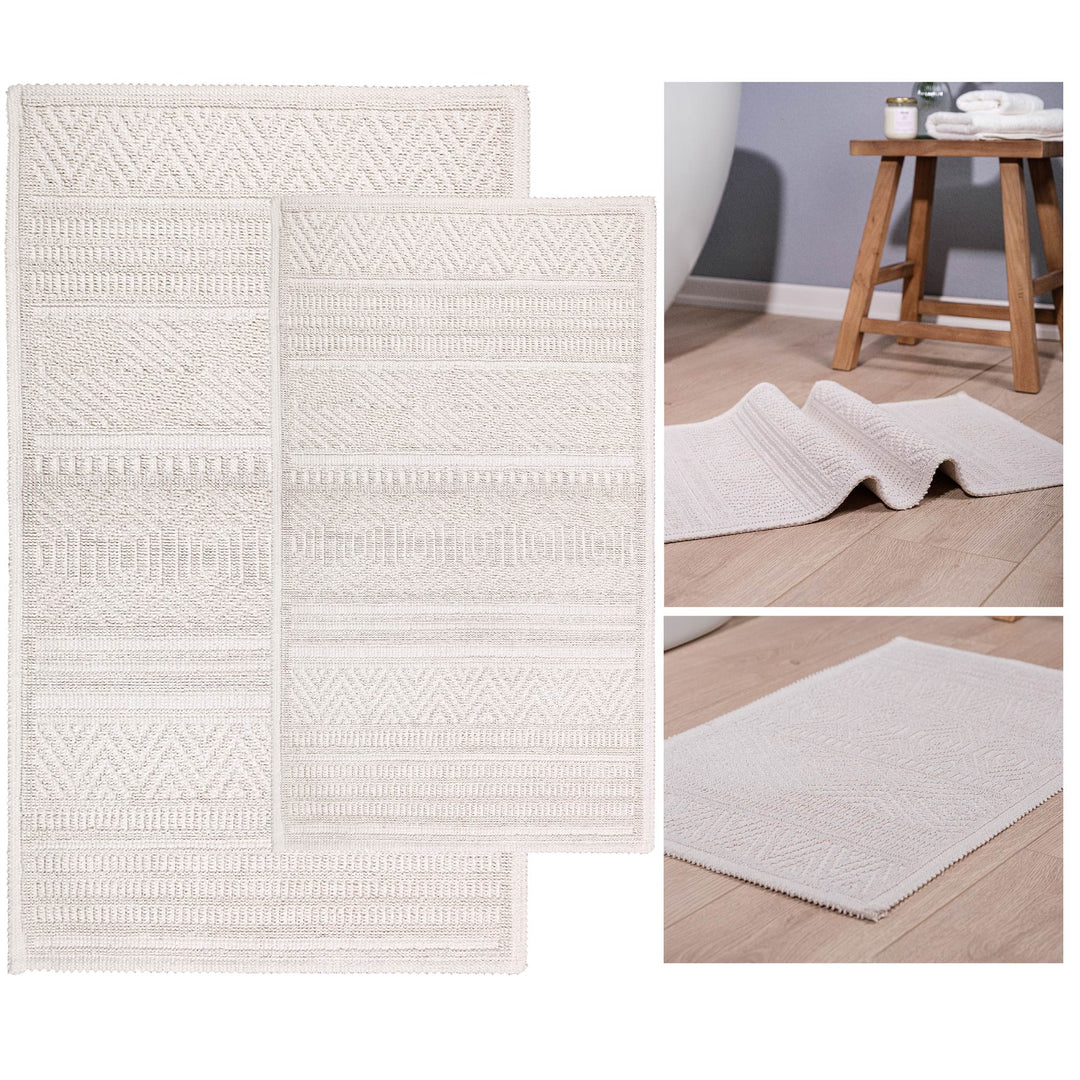 Bodrum Ultra Soft Turkish Cotton Bath Mat & Rug Set | 20"x32"+17"x23"  | Ecru | Quick Dry, Machine Washable | Luxury Bathroom Decor