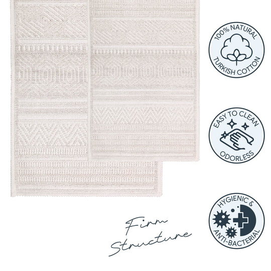 Bodrum Ultra Soft Turkish Cotton Bath Mat & Rug Set | 20"x32"+17"x23"  | Ecru | Quick Dry, Machine Washable | Luxury Bathroom Decor