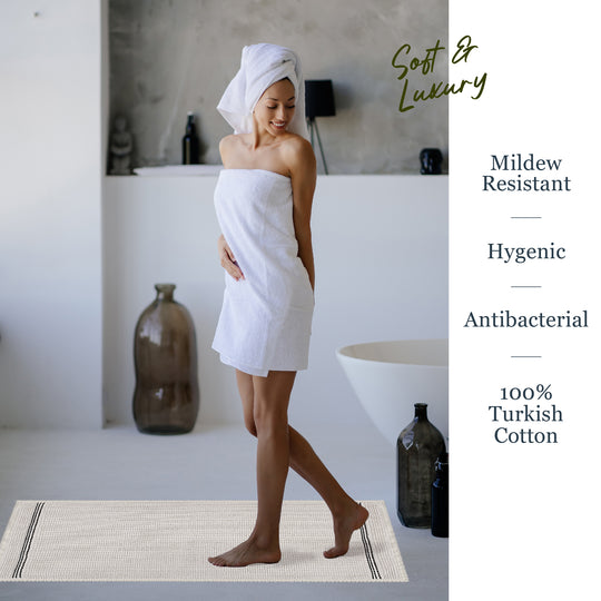Nice Ultra Soft Turkish Cotton Bath Mat & Rug Set | 24" x 40" + 20" + 24" | Ecru | Quick Dry, Machine Washable | Luxury Bathroom Decor