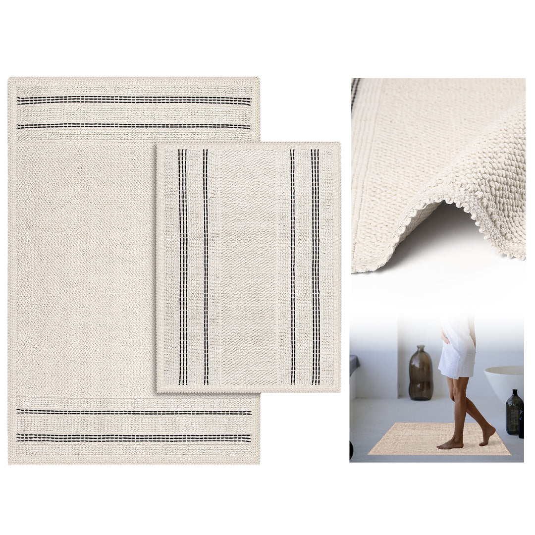 Porto Ultra Soft Turkish Cotton Bath Mat & Rug Set | 24" x 40" + 20" + 24" | Ecru | Quick Dry, Machine Washable | Luxury Bathroom Decor